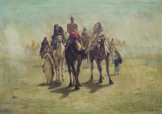 I. El Korvy, oil on canvas, camel train, signed, 48 x 66cm